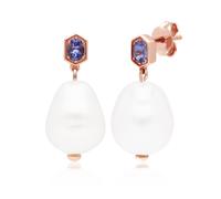 Moderno Barocco Perla & Tanzanite Goccia Orecchini IN Rosa Placcato Argento