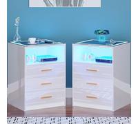 Moderno Bianco LED Comodino Set di 2 con Top in Vetro e Stazione di Ricarica Senza Fili Tavolo Lucido Smart End con 3 Cassetti per Soggiorno Camera da Letto