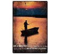 Moderno Cartello in Metallo Fishing and Sunset Inspirational Quotes Boat Segni di regola Con i detti per Garage,Ristorante,Atelier,Genitori S