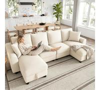 Moderno divano a forma di U in ciniglia a 2 posti con due chaise longue come divano angolare, con due cuscini, chaise longue con spazio apribile, divano modulare multifunzione (beige, 4 posti (280 ×