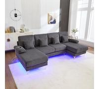 Moderno divano a U con illuminazione a LED e stazione di ricarica USB-C: telaio in legno massiccio, cuscino ergonomico, imbottitura traspirante di alta qualità in grigio per un perfetto comfort di