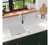 Moderno lavello in granito bianco con scolapiatti integrato, lavello da incasso reversibile, resistente al calore fino a 280 °C, con cestello e tappo cieco