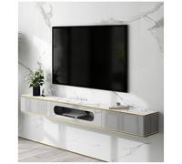 Moderno mobile TV sospeso, console multimediale a parete con porta in vetro, elegante centro intrattenimento con cassetti, accento bianco e oro, 120 x 24 x 20 cm, perfetto per il soggiorno.