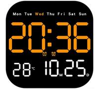 Moderno orologio da parete a LED con calendario, termometro e fasi lunari, dimmer a 10 livelli, telecomando, doppia alimentazione, sveglia digitale quadrata per casa e ufficio (arancione-rosso)