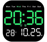 Moderno orologio da parete a LED con calendario, termometro e fasi lunari, dimmer a 10 livelli, telecomando, doppia alimentazione, sveglia digitale quadrata per casa e ufficio (verde)
