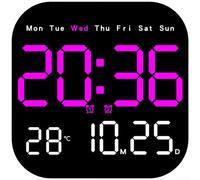 Moderno orologio da parete a LED con calendario, termometro e fasi lunari, dimmer a 10 livelli, telecomando, doppia alimentazione, sveglia digitale quadrata per casa e ufficio (magenta)