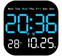 Moderno orologio da parete a LED con calendario, termometro e fasi lunari, dimmer a 10 livelli, telecomando, doppia alimentazione, sveglia digitale quadrata per casa e ufficio (blu)
