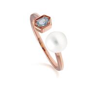 Moderno Perla E Topazio Blu Aperto Anello IN Oro Rosa Placcato Argento Sterling