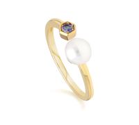 Moderno Perla & Tanzanite Anello Aperto IN 9ct Oro Giallo