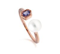 Moderno Perla & Tanzanite Aperto Anello IN Oro Rosa Placcato Argento Sterling