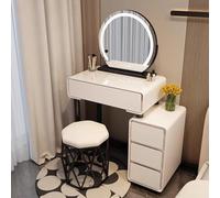 Moderno piccolo set da trucco con specchio touch screen, piano in vetro, dimmerabile, 3 cassetti e armadio LED a 3 colori, scrivania bianca compatta per camera da letto (60,5 x 40 x 76 cm)