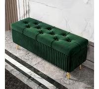 Moderno poggiapiedi imbottito in velluto con gambe dorate, elegante soluzione imbottita per riporre oggetti, verde scuro, 100 cm di lunghezza, per decorare la casa.