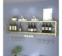 Moderno portabottiglie da parete con supporto per bicchieri a 2 ripiani, armadietto per la conservazione del vino, elegante decorazione per cucina, bar, finitura oro/nera, perfetto per gli amanti del