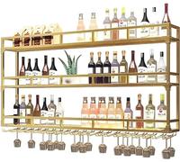 Moderno portabottiglie in metallo a 3 livelli con portabicchieri a LED e mensola galleggiante Ripiani per bottiglie di vino a parete per bar e cucina in oro 47,2X9,8X35,4 pollici