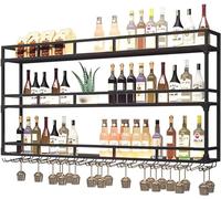 Moderno portabottiglie in metallo con portabicchieri da vino con luce a LED e mensola galleggiante Unità bar a 3 livelli montata a parete per bar di casa o mensole per bottiglie di vino da c