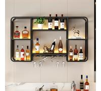 Moderno portabottiglie in metallo nero con barra luminosa a LED da parete, mensola per vino e supporto per bicchieri, mensola da parete galleggiante per casa, bar o cucina