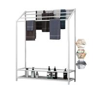 Moderno portasciugamani da pavimento in acciaio inossidabile bianco con ripiano portasalviette da bagno autoportante per l'organizzazione del bagno 60 x 25 x 120 cm