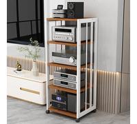 Moderno rack audio AV, armadietto multimediale a 3 livelli con ripiani regolabili, robusto telaio in acciaio, design con ripiani aperti per casa, ufficio, teatro (nero e marrone, 50 x 40 x 69 cm)