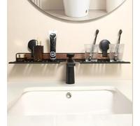 Moderno ripiano per rubinetto del bagno con base a ventosa per contenere gli oggetti essenziali quotidiani, in alluminio antiruggine e legno composito resistente all'acqua (40 cm, bianco)