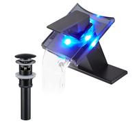Moderno rubinetto a cascata del bagno a LED con beccuccio di vetro e scarico di overflow a maniglia singola bacino cromatico per lavello a 3 colori che cambia luci batteria a batteria monte a ponte