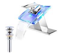 Moderno rubinetto a cascata del bagno a LED con beccuccio di vetro e scarico di overflow a maniglia singola bacino cromatico per lavello a 3 colori che cambia luci batteria a batteria monte a ponte