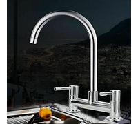 Moderno rubinetto da cucina cromato - 2 fori, 1/4 di giro, doppia leva, bocca girevole a 360°, montaggio su piano in ottone, centri da 180 mm, standard britannico e design elegante