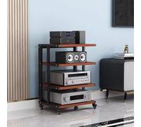 Moderno scaffale AV - Rack a 4 livelli con ruote dei freni, torre audio in legno di teak e nero per sistemi stereo, elegante armadietto di archiviazione multimediale, opzione di posizionamento