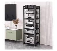 Moderno scaffale per Hi-Fi alto a 8 ripiani su ruote, armadietto nero per apparecchiature audio/video e supporto stereo, 50 cm di larghezza, organizer per l'intrattenimento domestico