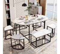 Moderno set da pranzo da 7 pezzi, tavolo di lusso con 6 eleganti sedie, motivo marmo, gambe del tavolo nero, elegante mobile per sala da pranzo per casa e cucina