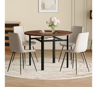 Moderno set da pranzo rotondo con vano portaoggetti e quattro sedie, set minimalista per sala da pranzo in effetto legno con accento in vetro e spazio di archiviazione, tavolo da soggiorno con