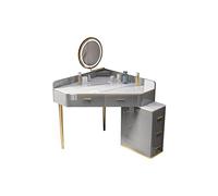 Moderno set da toeletta ad angolo grigio con sgabello e specchio, piccolo spazio per camera da letto, armadietto dal design minimalista, ideale per appartamenti e camere compatte.