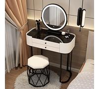 Moderno set da toeletta bianco con specchio a LED, sgabello imbottito, 2 grandi cassetti, piano in vetro temperato nero, per donne, 70 cm, mobili per camera da letto