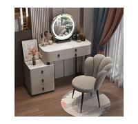 Moderno set da toeletta bianco con specchio e comodino, tavolo da trucco per ragazze e donne, elegante tavolo da toeletta con sedia grigia, perfetto per decorare la camera da letto