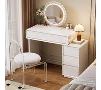 Moderno set da toeletta bianco con specchio rotondo a LED e sedia salvaspazio in legno massello tavolo da trucco - elegante mobile per spogliatoio, 70 x 40 x 76 cm
