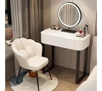 Moderno set da toeletta con specchio e illuminazione, elegante toeletta con cassetti e sgabello imbottito, design salvaspazio per piccole camere da letto e spogliatoi per ragazze e donne.