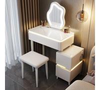 Moderno set da toeletta in legno bianco con sgabello imbottito, tavolo da toeletta compatto da 70 cm, per camera da letto e spazi per il trucco, elegante design quadrato color crema, ideale per