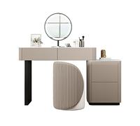 Moderno set da trucco con armadietto laterale specchio rotondo a LED e sgabello in pelle PU per mobili per camera da letto per ragazze e donne (colore: cachi Dimensioni: 100 cm)
