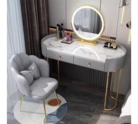 Moderno set da trucco con sedia e specchio da parete, elegante comò grigio con cassetti Rockboard UV e metallo salvaspazio 100 x 40 x 60 cm.