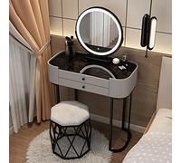 Moderno set da trucco con specchio illuminato e sgabello imbottito, piano in vetro temperato nero, 2 grandi cassetti, elegante idea regalo per donne, grigio e nero, 60 cm