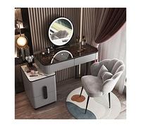 Moderno set da trucco con specchio intelligente, elegante toeletta e sgabello in legno, elegante soluzione per riporre oggetti per camera da letto, design semplice e avanzato per una routine di
