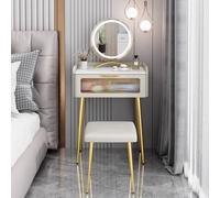 Moderno set da trucco in legno massello con specchio LED, tavolino con cassetto e sgabello, per ragazze e donne, spogliatoio, camera da letto, beige (60 x 40 x 78 cm)