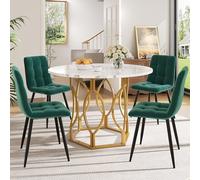 Moderno set di 5 pezzi con tavolo da pranzo con 4 sedie, piano rotondo in MDF effetto marmo e gambe in metallo eleganti, perfetto per la cucina o la sala da pranzo.