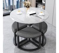 Moderno set di 5 pezzi con tavolo da pranzo rotondo in finto marmo con 4 sedie con struttura in metallo, elegante arredamento da cucina e soggiorno per spazi di ricevimento e negoziazione