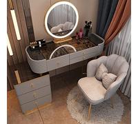 Moderno set di trucco con dimmer touch screen a 3 colori LED specchio e sgabello, design semplice per ragazze e donne, elegante toeletta