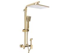 Moderno sistema doccia con rubinetto termostatico - Miscelatore in ottone e set doccia con doccia a pioggia | Rubinetto doccia oro con montaggio a parete e beccuccio a cascata per bagno