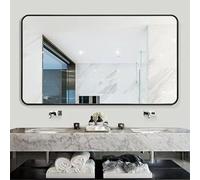 Moderno specchio rettangolare da bagno con angoli arrotondati, design in metallo da parete, versatile, uso orizzontale/verticale, 80 x 100 cm, finitura nera, elegante decorazione per la casa