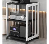 Moderno supporto audio a 5 livelli con ruote, elegante armadietto di archiviazione multimediale per giradischi e attrezzature da gioco, scaffale per intrattenimento bianco e nero Design salvaspazio