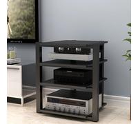Moderno supporto audio HiFi - Rack multimediale a 4 livelli con ripiani in legno e telaio in acciaio nero, elegante armadio AV per soggiorno, torre stereo angolare per lettore CD e componenti (colore