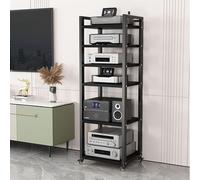 Moderno supporto multimediale AV a 6 livelli con ruote rack audio nero per componenti stereo Record Player Storage elegante centro di intrattenimento largo 59,6 cm opzioni a 5/6/7/8 livelli.