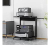 Moderno supporto per stampante in legno su ruote, console multimediale a 2 livelli per dispositivi AV, impianto stereo TV e apparecchiature di gioco, elegante centro di intrattenimento angolare per